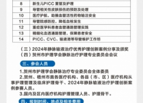 会议通知：2024年桂东南地区静脉治疗循证护理临床实践与应用新进展学习班暨贺州市护理学会静脉治疗护理专业委员会学术年会