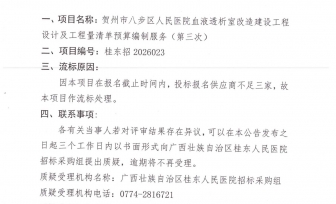 贺州市八步区人民医院血液透析室改造建设工程设计及工程量清单预算编制服务（第三次）流标公告